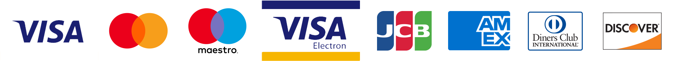 Visa, Mastercard, JCB, AMEX, Diners Club, Discover